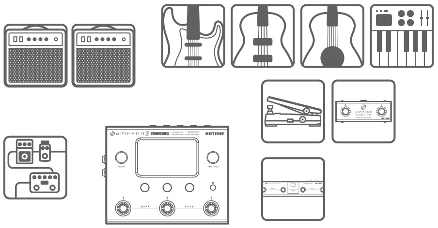 [ES] Animación que describe la conexión del pedal Ampero II Stomp con un amplificador. [EN] Animation describing the connection of the Ampero II Stomp pedal with an amplifier.